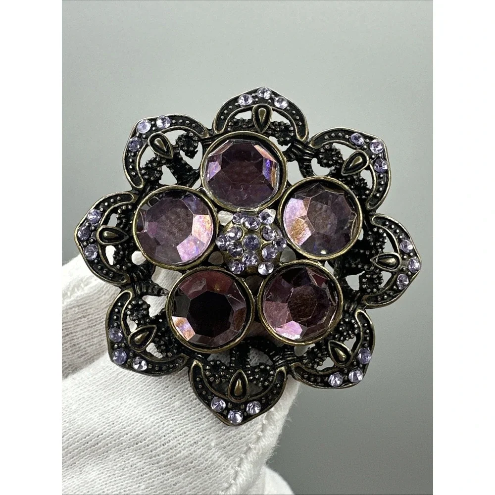 Vintage-Antique Bronze Purple Rhinestone Flower Brooch/pendant #876